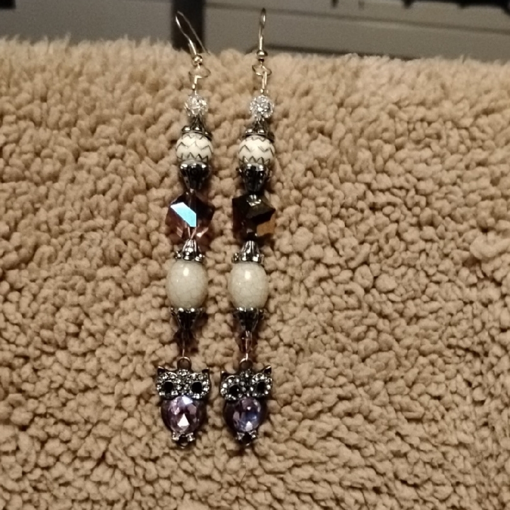 Hand Crafted Silver and Purple Beaded Owl Earrings